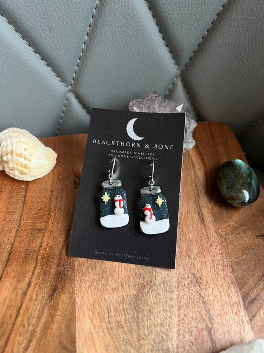 Mason Jar with Snowman Polymer Clay Earrings