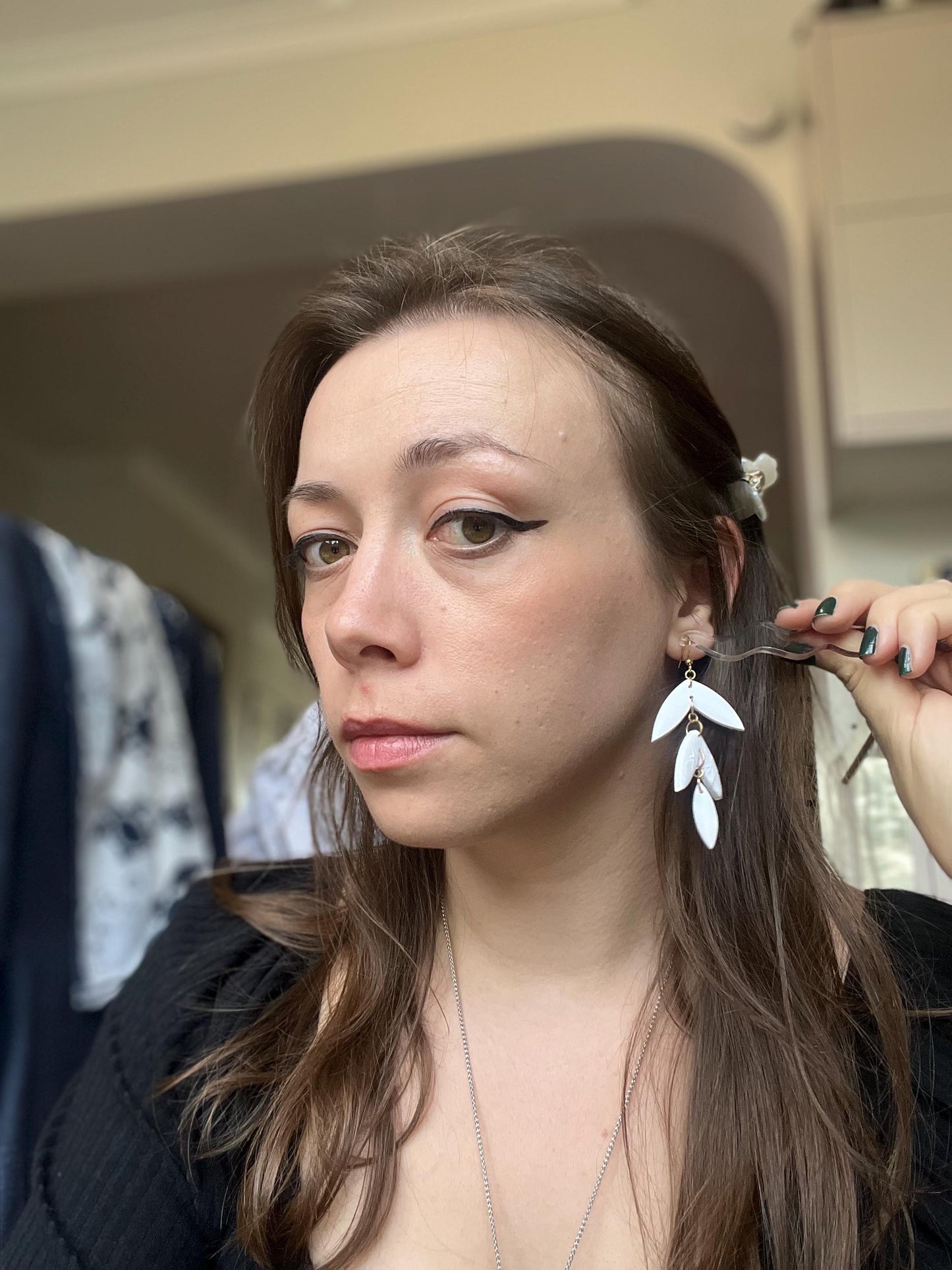White Floral Texture Petal Shaped Earrings