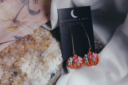 Long Handmade Floral Pumpkin Earrings