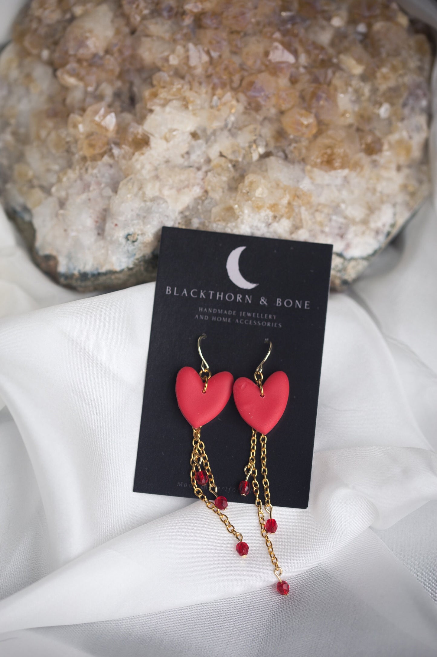 Clay Heart Earrings with Chain and Crystal beads