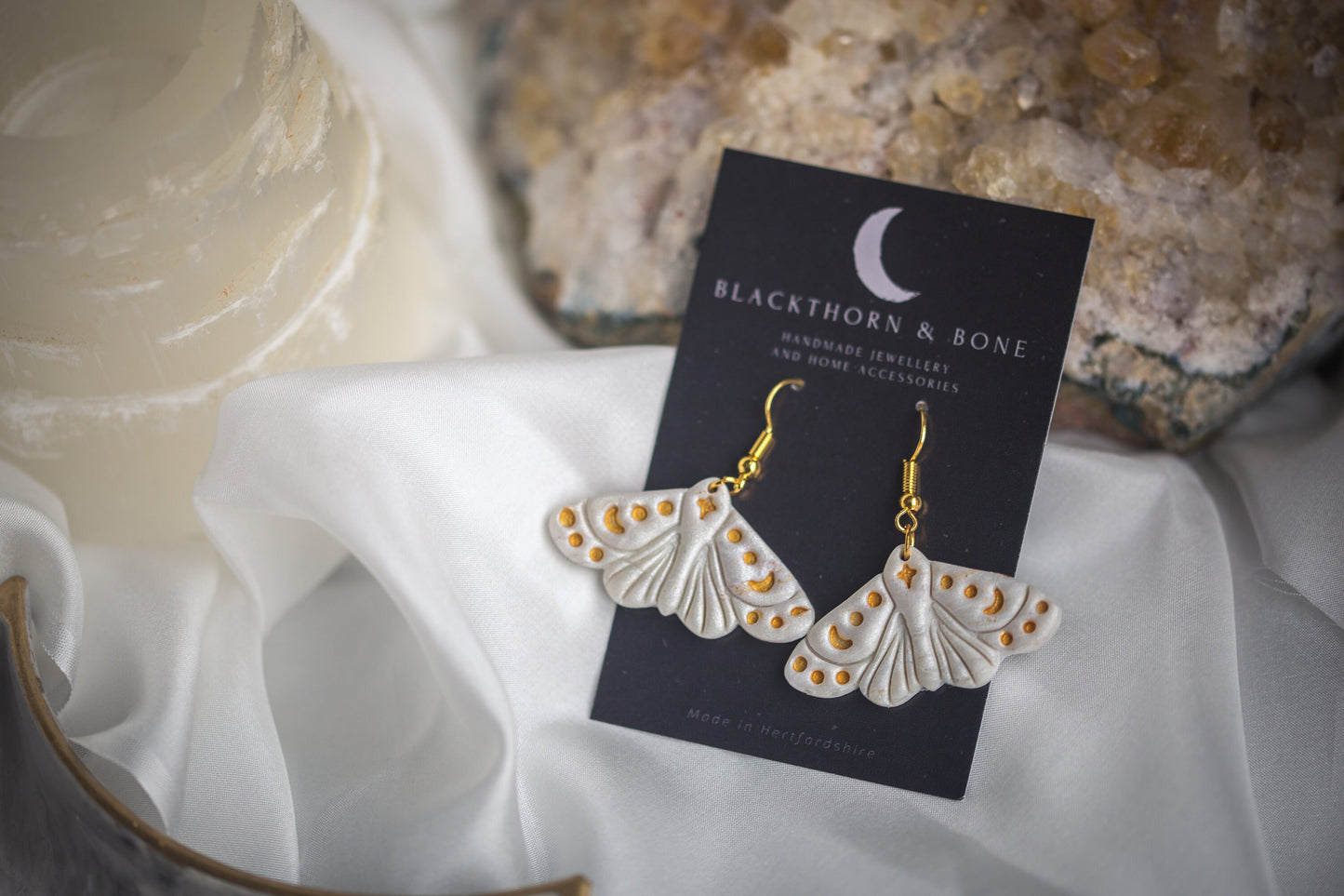 Pearlescent White Moth Embossed Statement Earrings