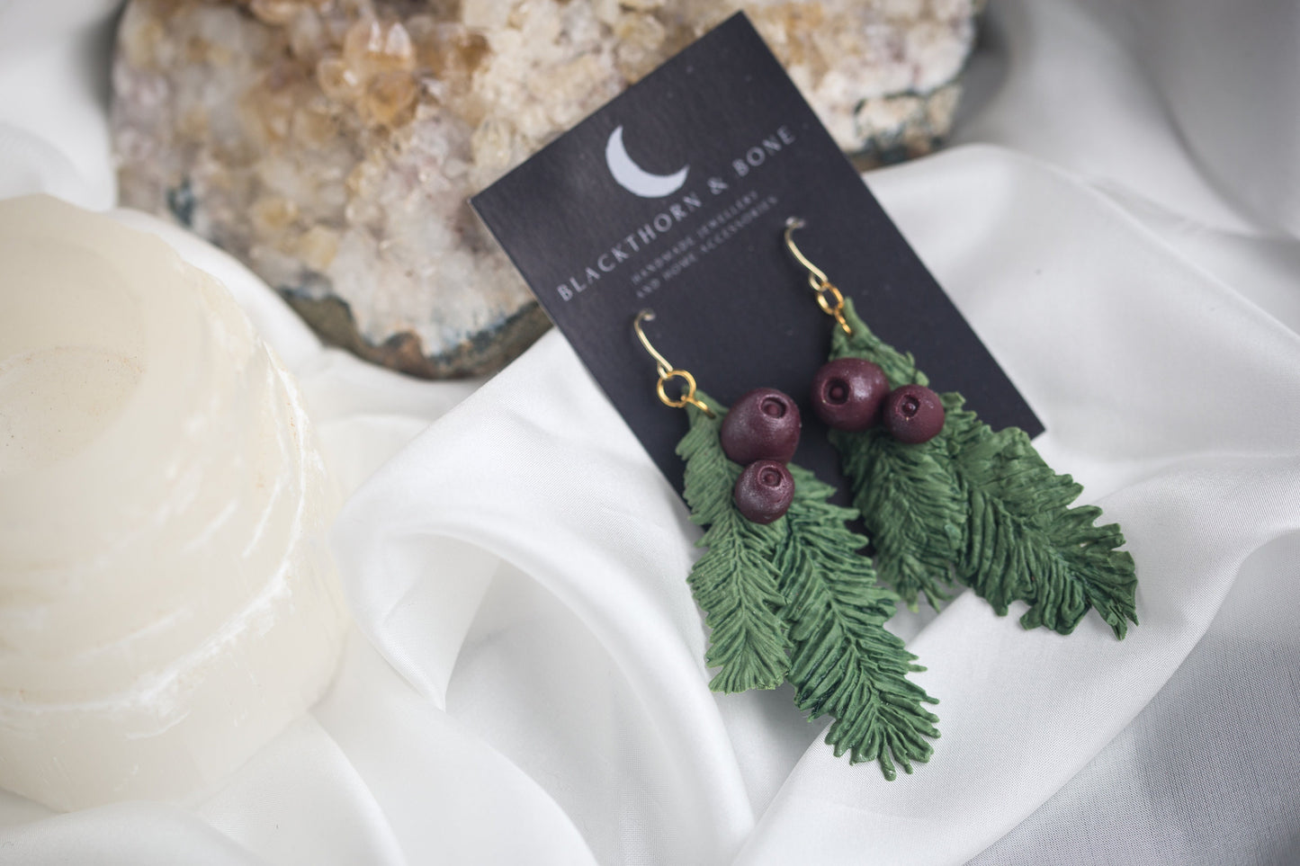 Realistic Yew Leaf and Berry Earrings