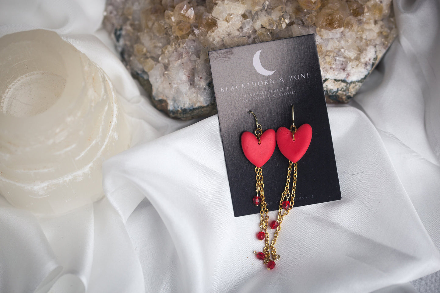 Clay Heart Earrings with Chain and Crystal beads