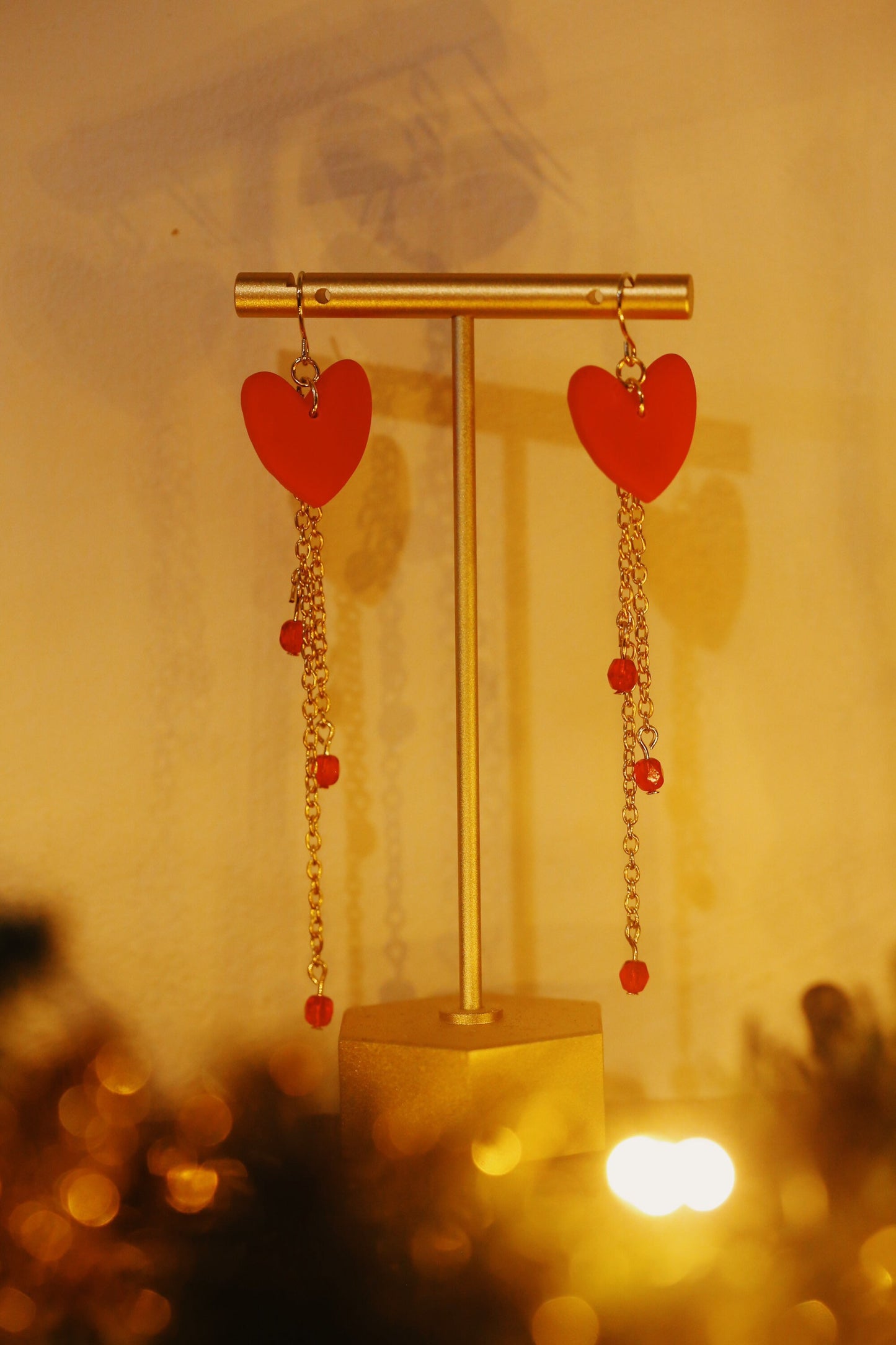 Clay Heart Earrings with Chain and Crystal beads