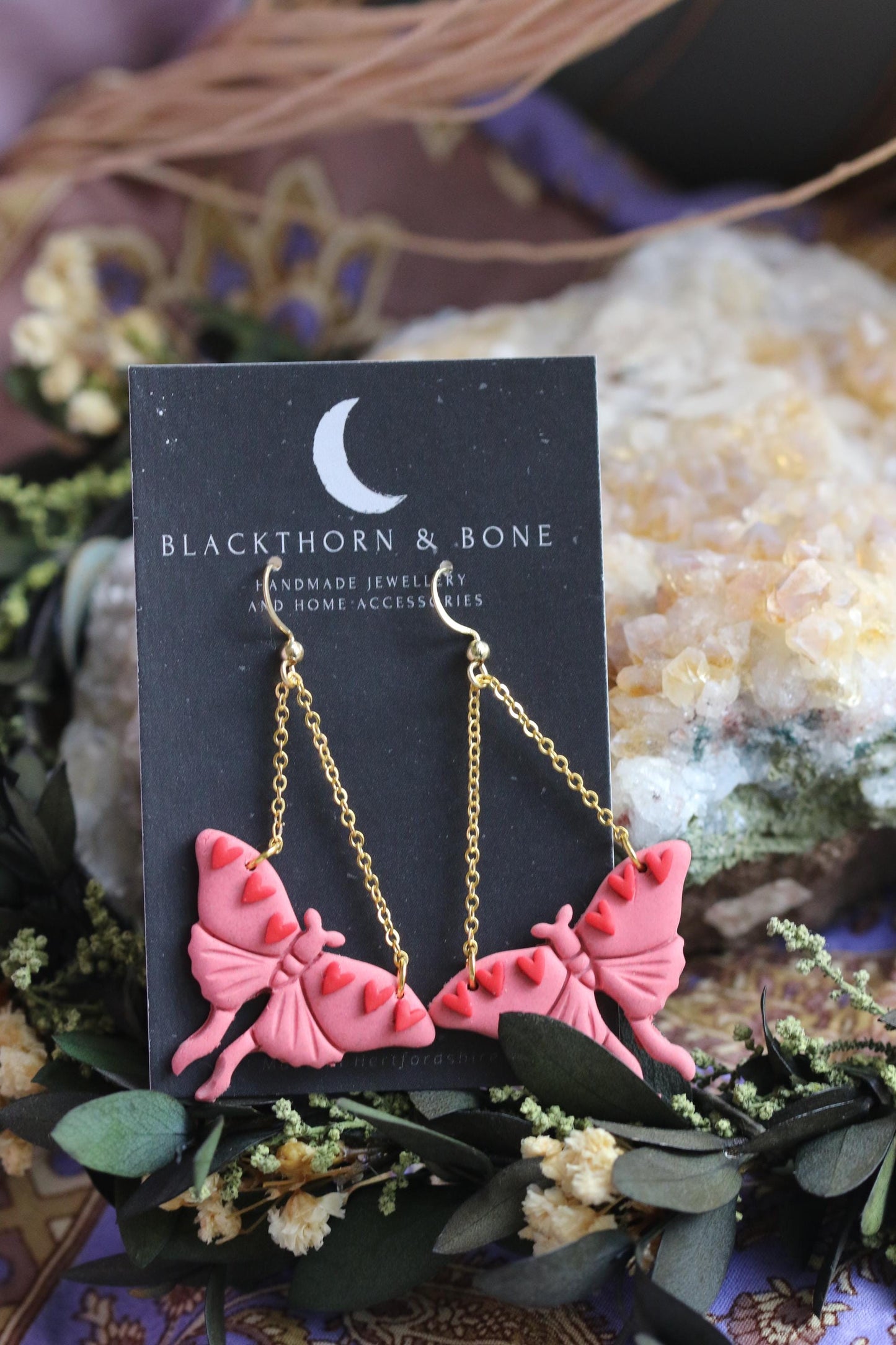 Pink Valentines Moth Earrings with Heart and Chain Details