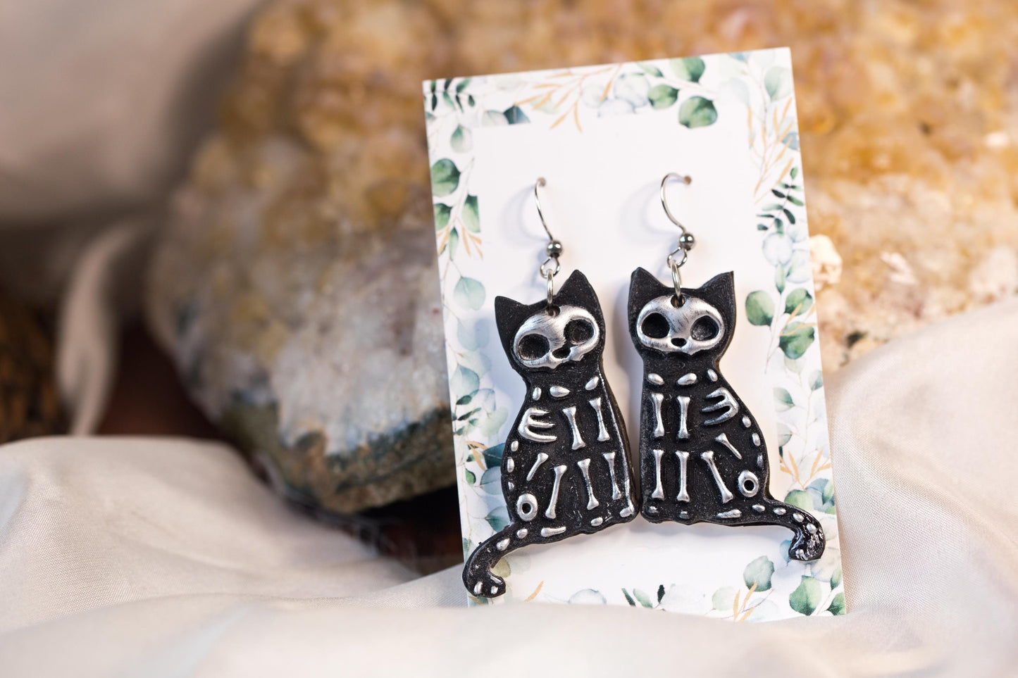 Black and Silver Skeleton Cat Earrings