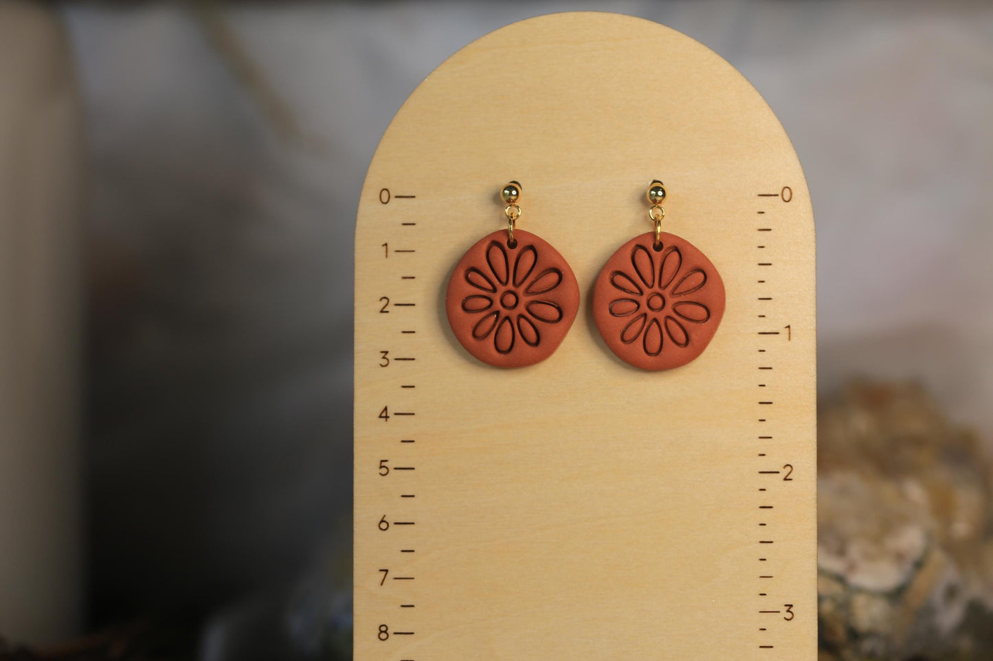 Simple Boho Terracotta Polymer Clay Earrings - Handmade Brown Earrings with Embossed Pattern
