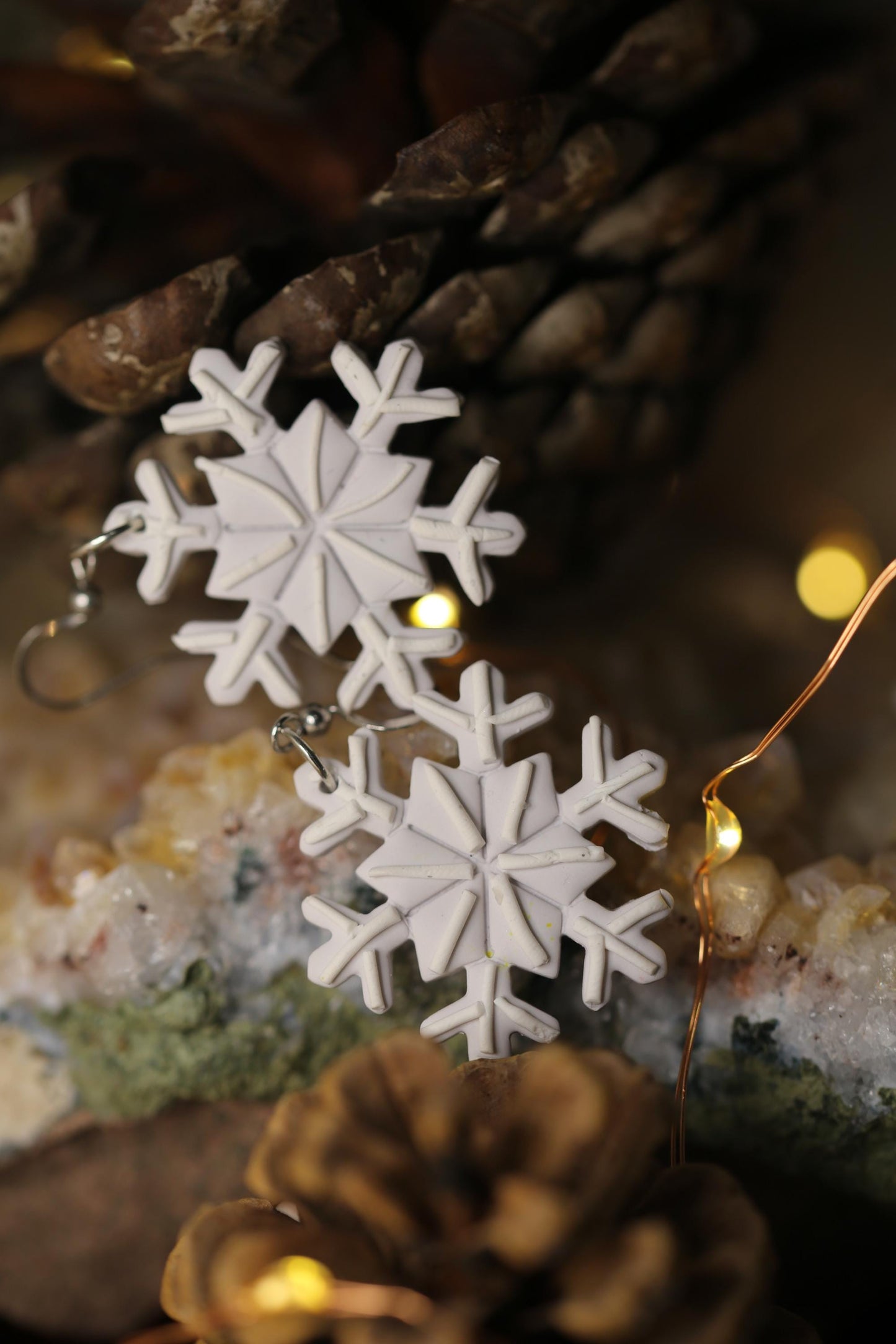 Handmade Detailed Snowflake Earrings - Polymer Clay Jewelry for Christmas, Winter and Yule Jewellery