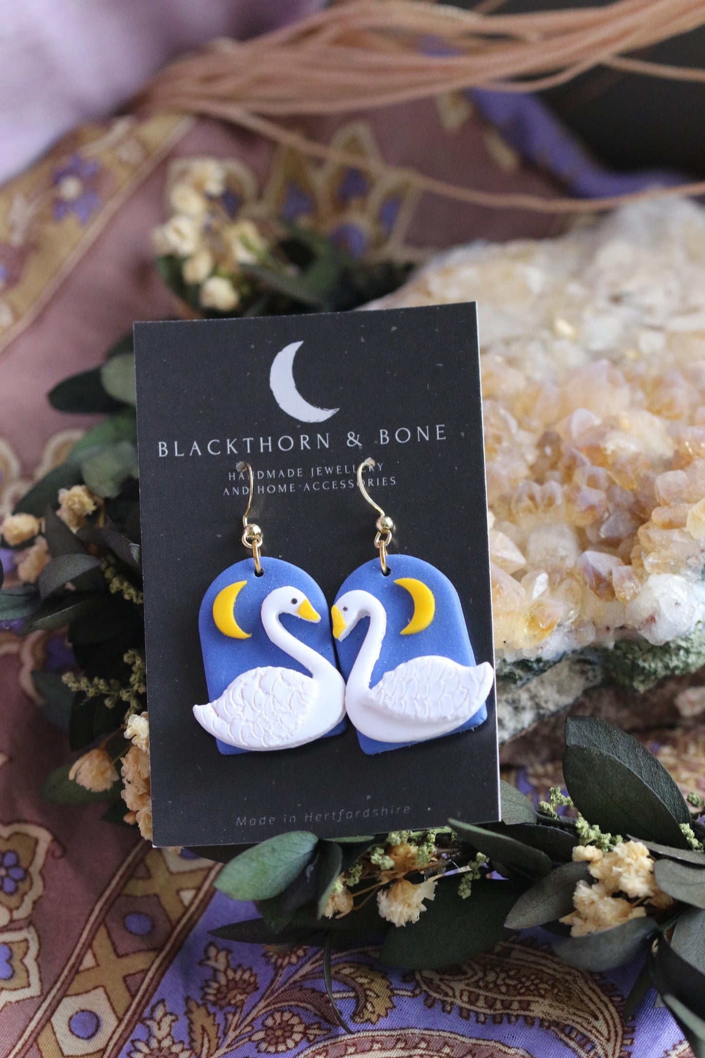 Blue Moon and Swans Earrings