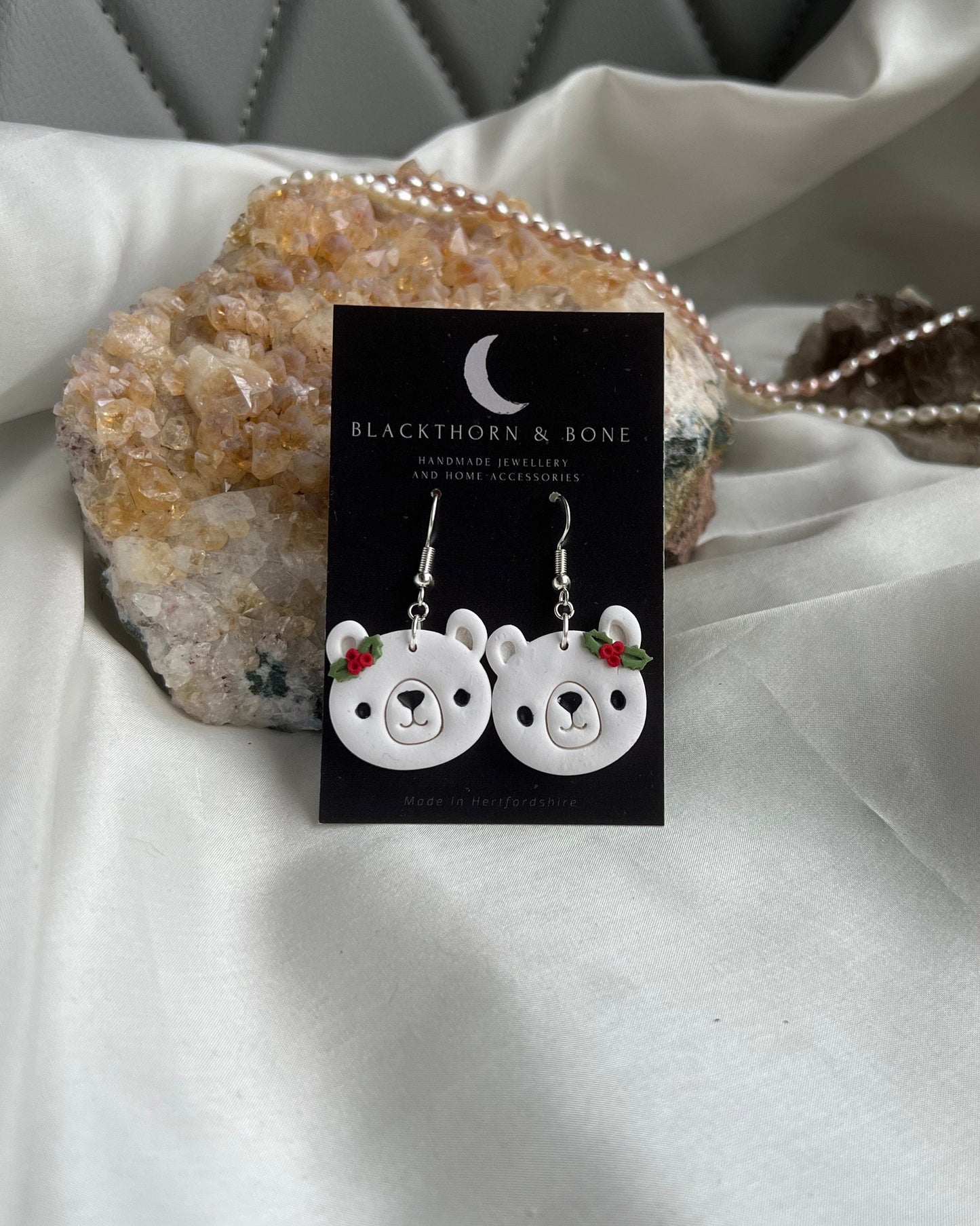 Holly berry and Leaf Polar Bear Earrings - Handmade Christmas Jewellery for Winter