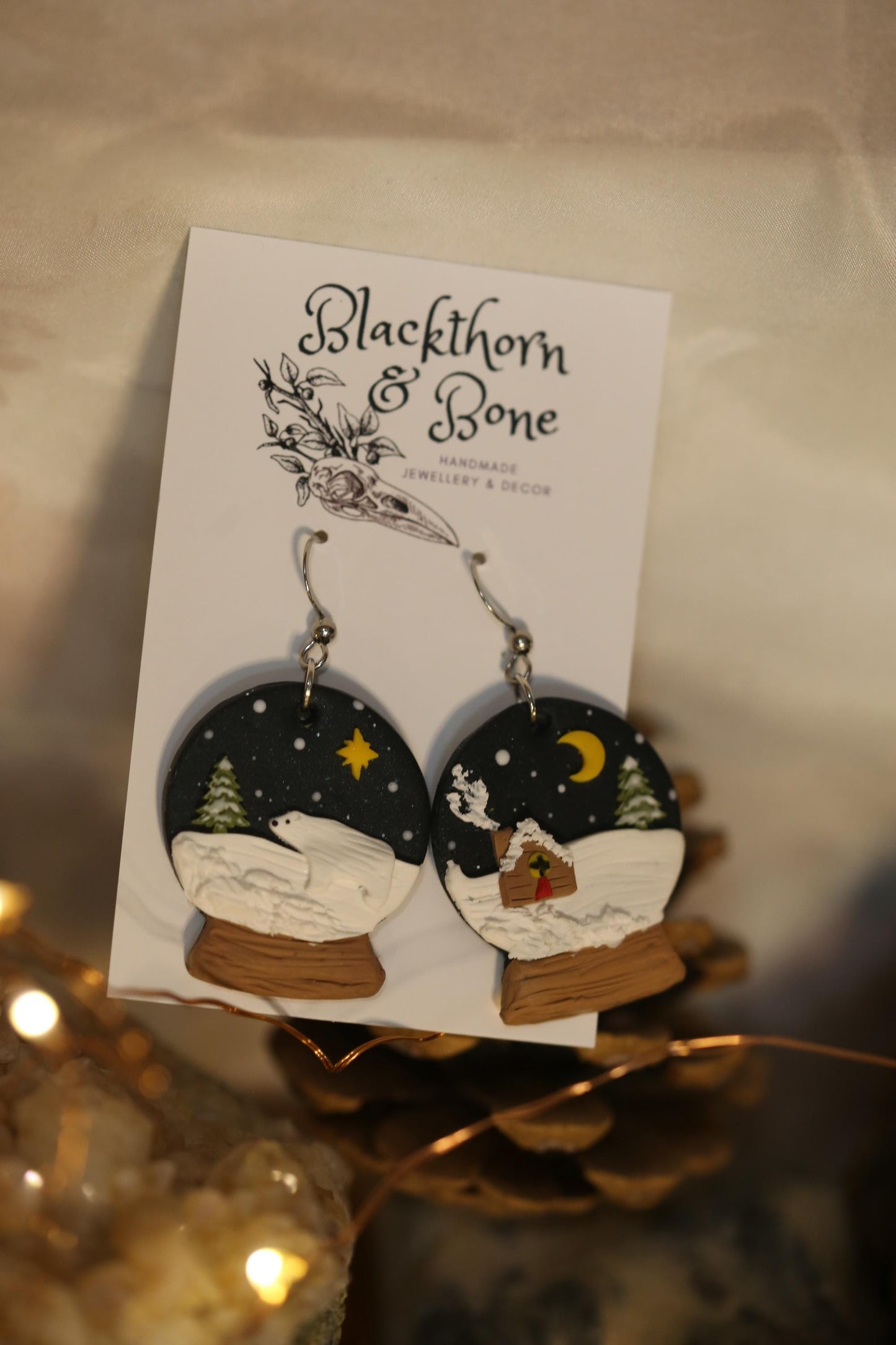 Snowglobe with Cabin and Polar Bear Earrings