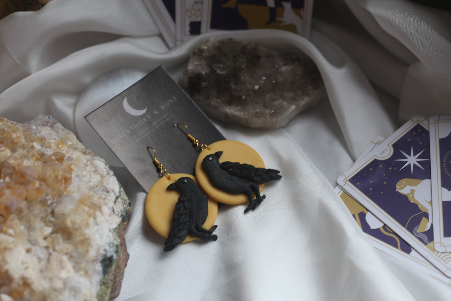 Raven and Full Moon Drop Earrings