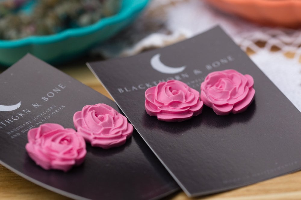 Large Pink Rose Stud Earrings - Handmade Polymer Clay Jewellery, Floral Earrings, Valentines Jewelry