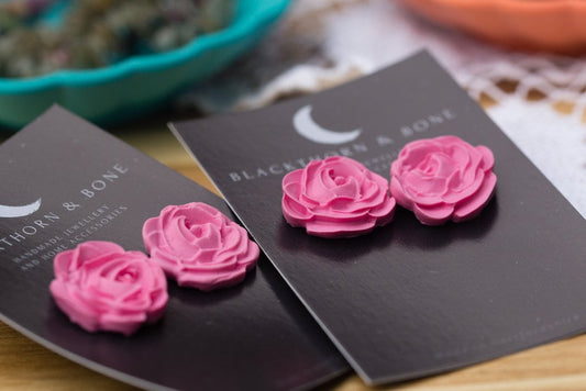 Large Pink Rose Stud Earrings - Handmade Polymer Clay Jewellery, Floral Earrings, Valentines Jewelry