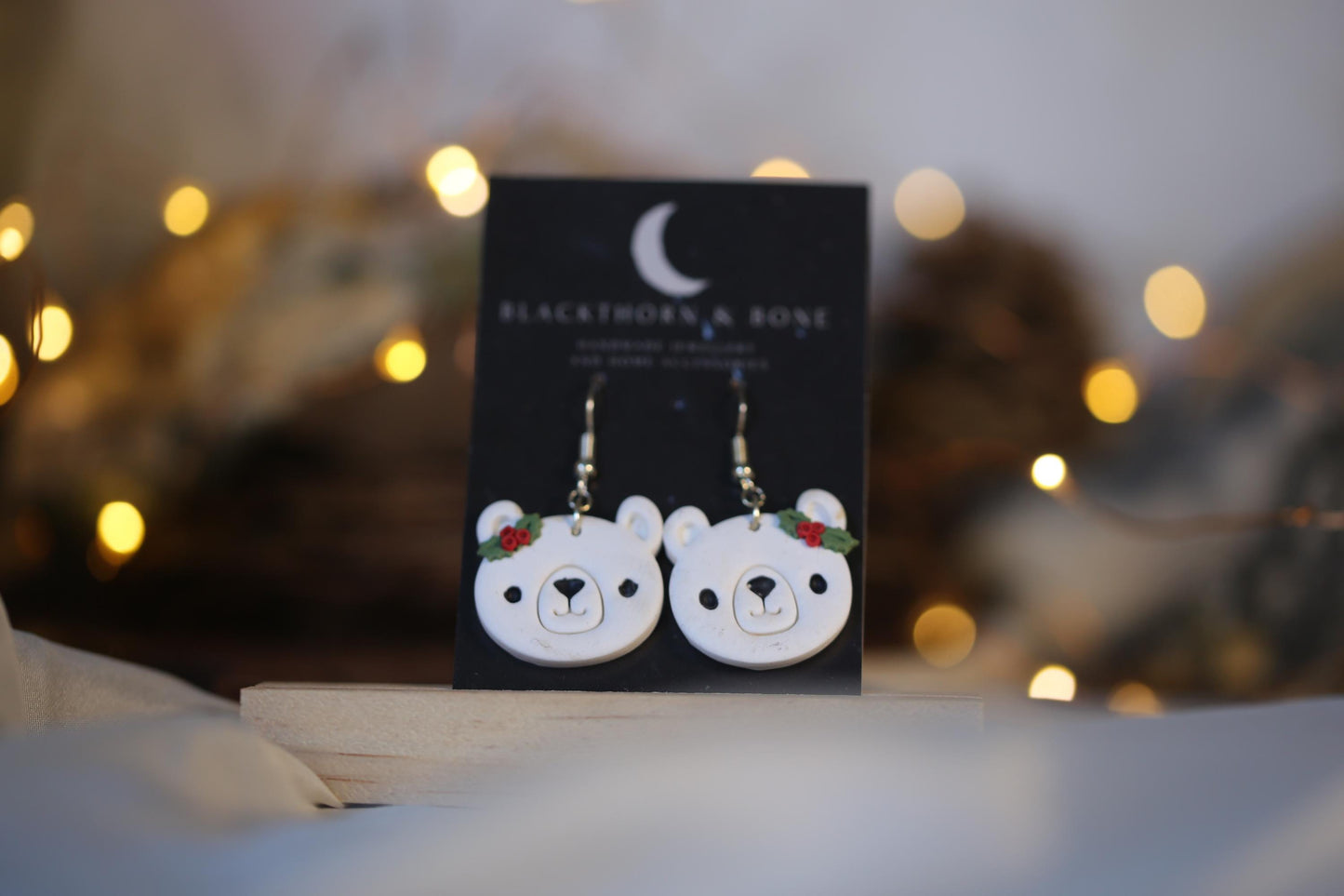 Holly berry and Leaf Polar Bear Earrings - Handmade Christmas Jewellery for Winter