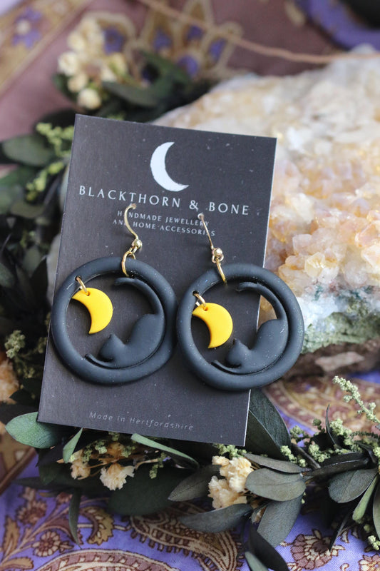 Black Cat and Moon Polymer Clay Earrings