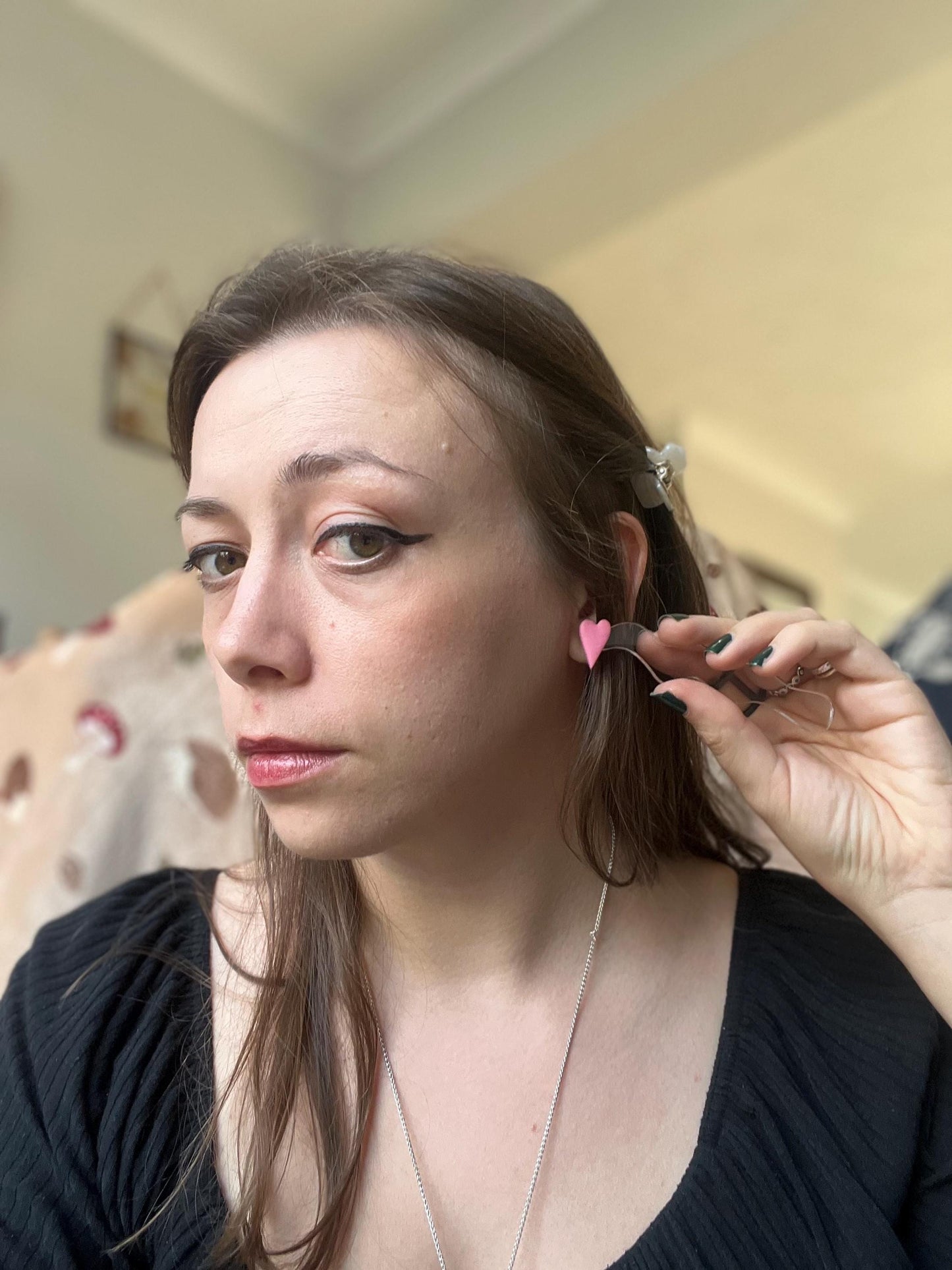 Long Pink Heart Stud Earrings