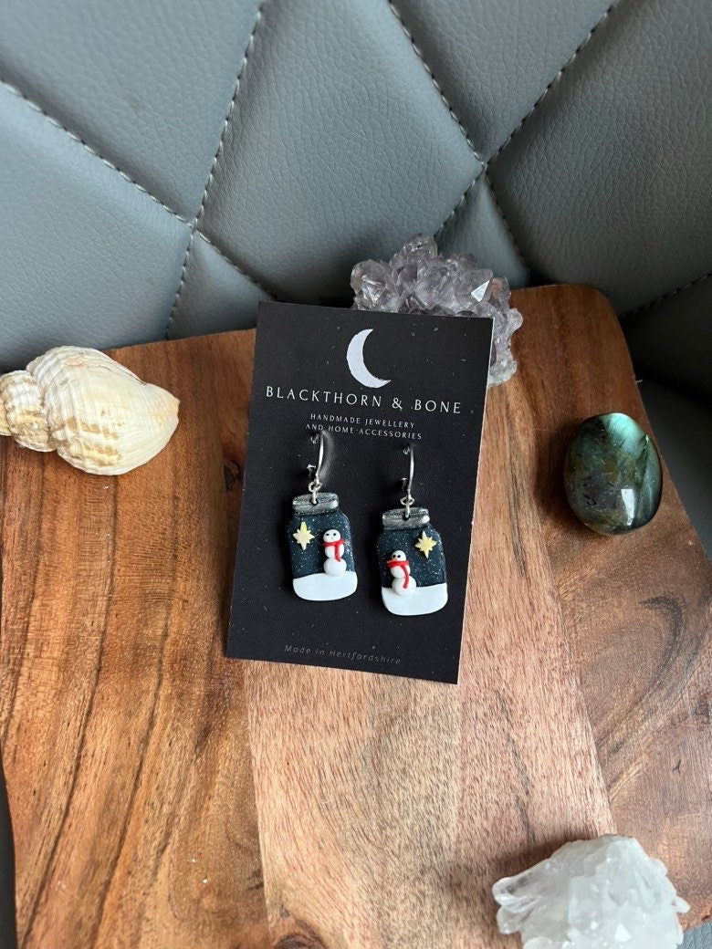 Mason Jar with Snowman Polymer Clay Earrings