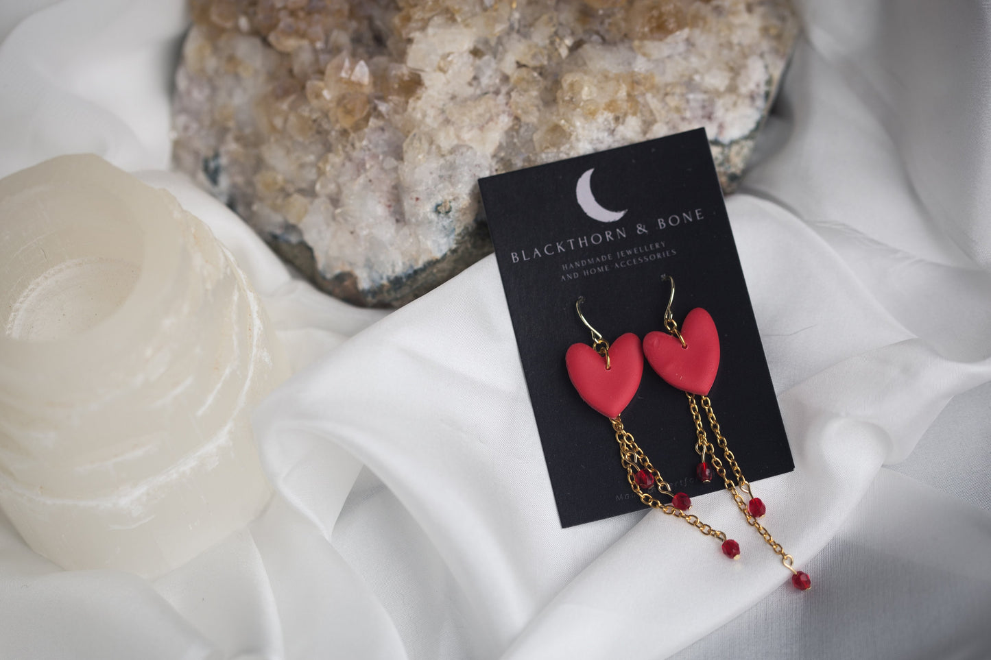 Clay Heart Earrings with Chain and Crystal beads