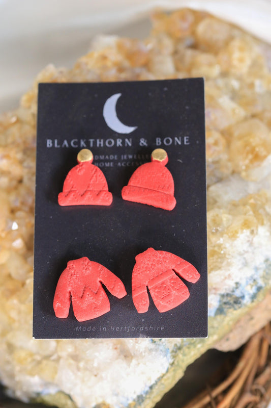 Christmas Stud Pack - Christmas Jumper and Woolly Hat Stud Earrings, Set of Two, Winter Jewellery