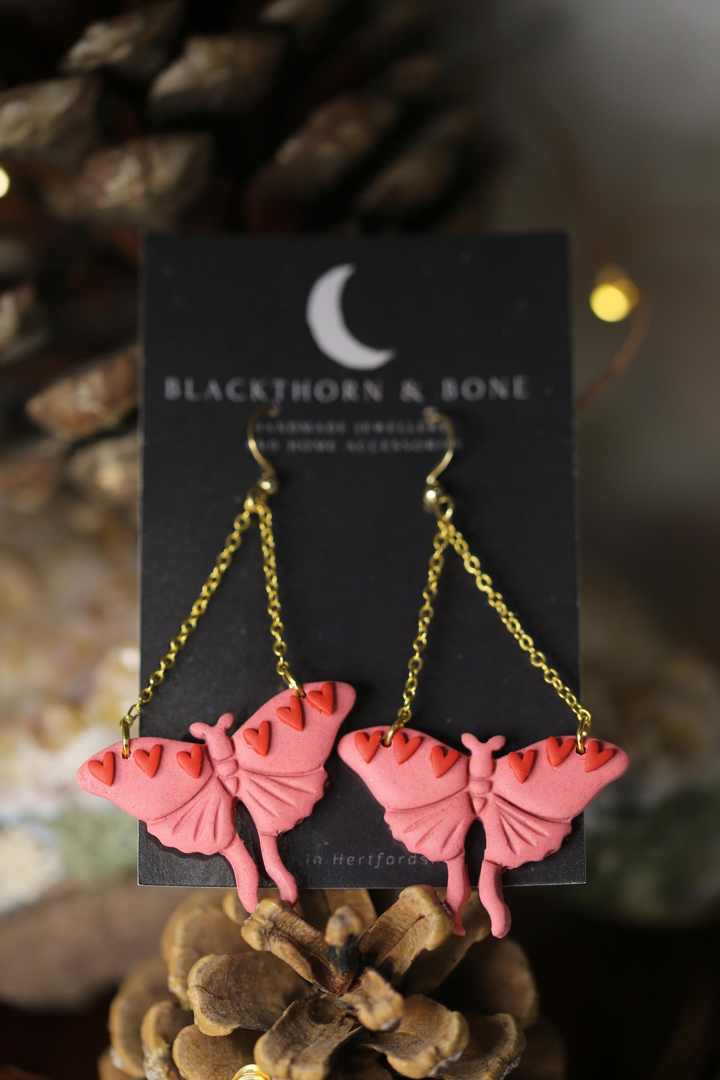 Pink Valentines Moth Earrings with Heart and Chain Details