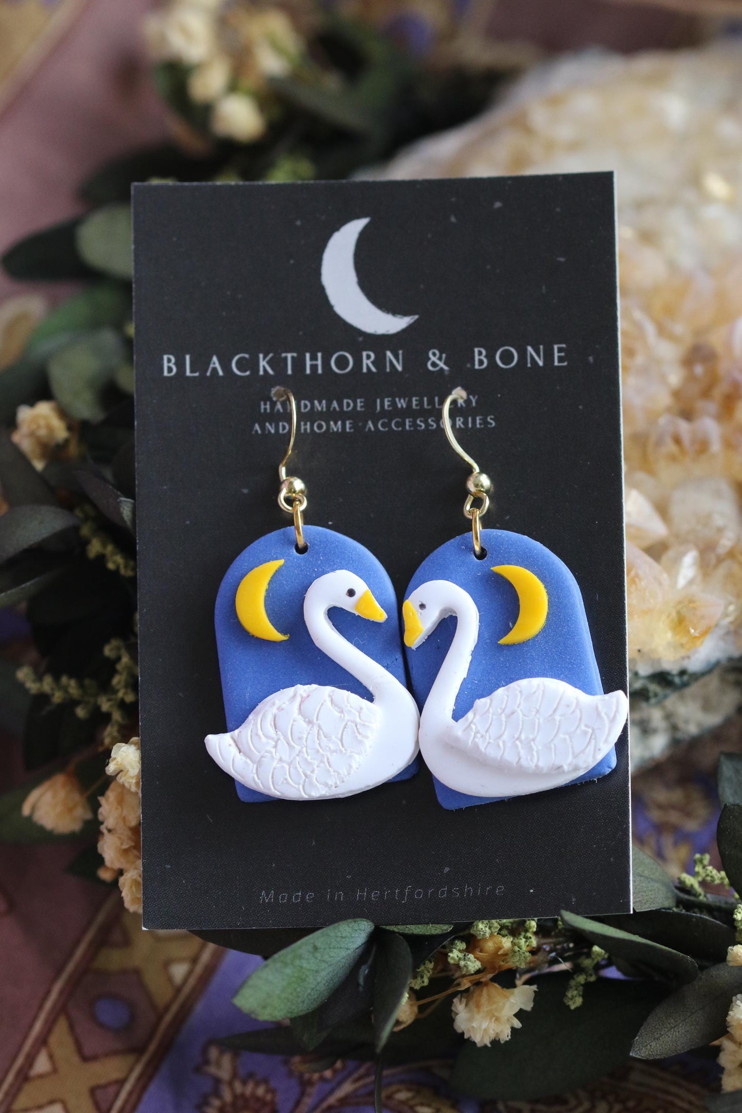Blue Moon and Swans Earrings