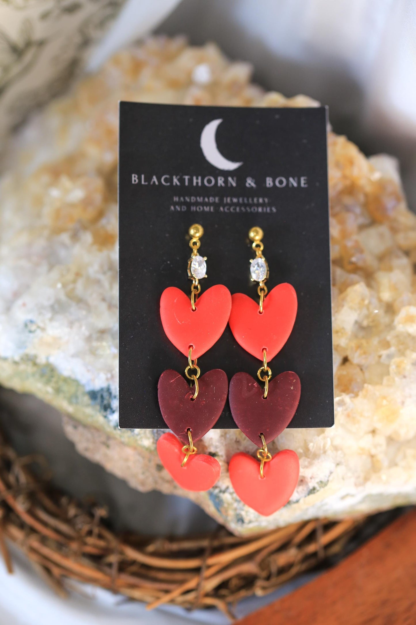 Statement Dangle Heart Earrings with Cubic Zirconia and Brass Studs