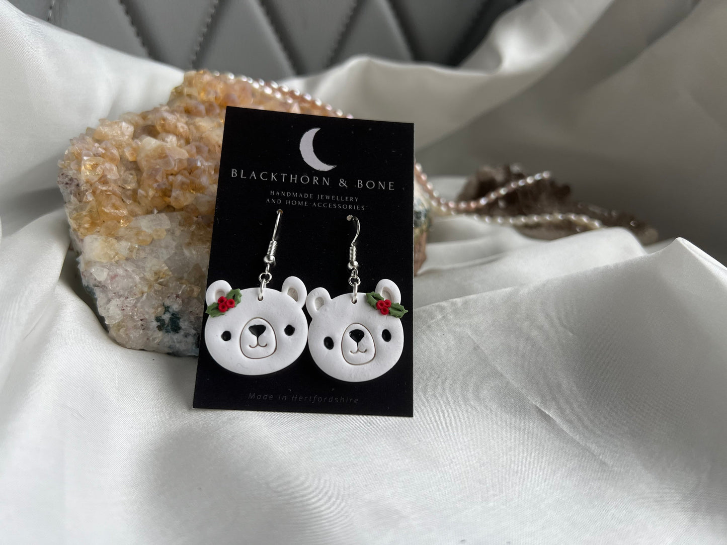 Holly berry and Leaf Polar Bear Earrings - Handmade Christmas Jewellery for Winter