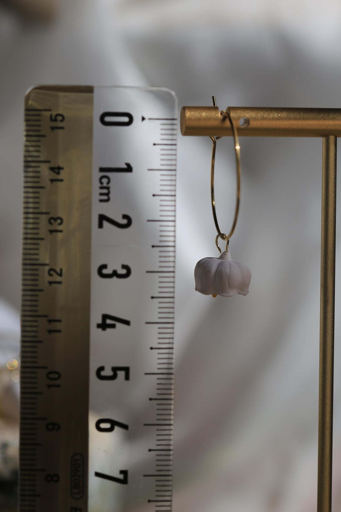 White Lily of the Valley Clay Hoop Earrings with Gold Steel Hoop