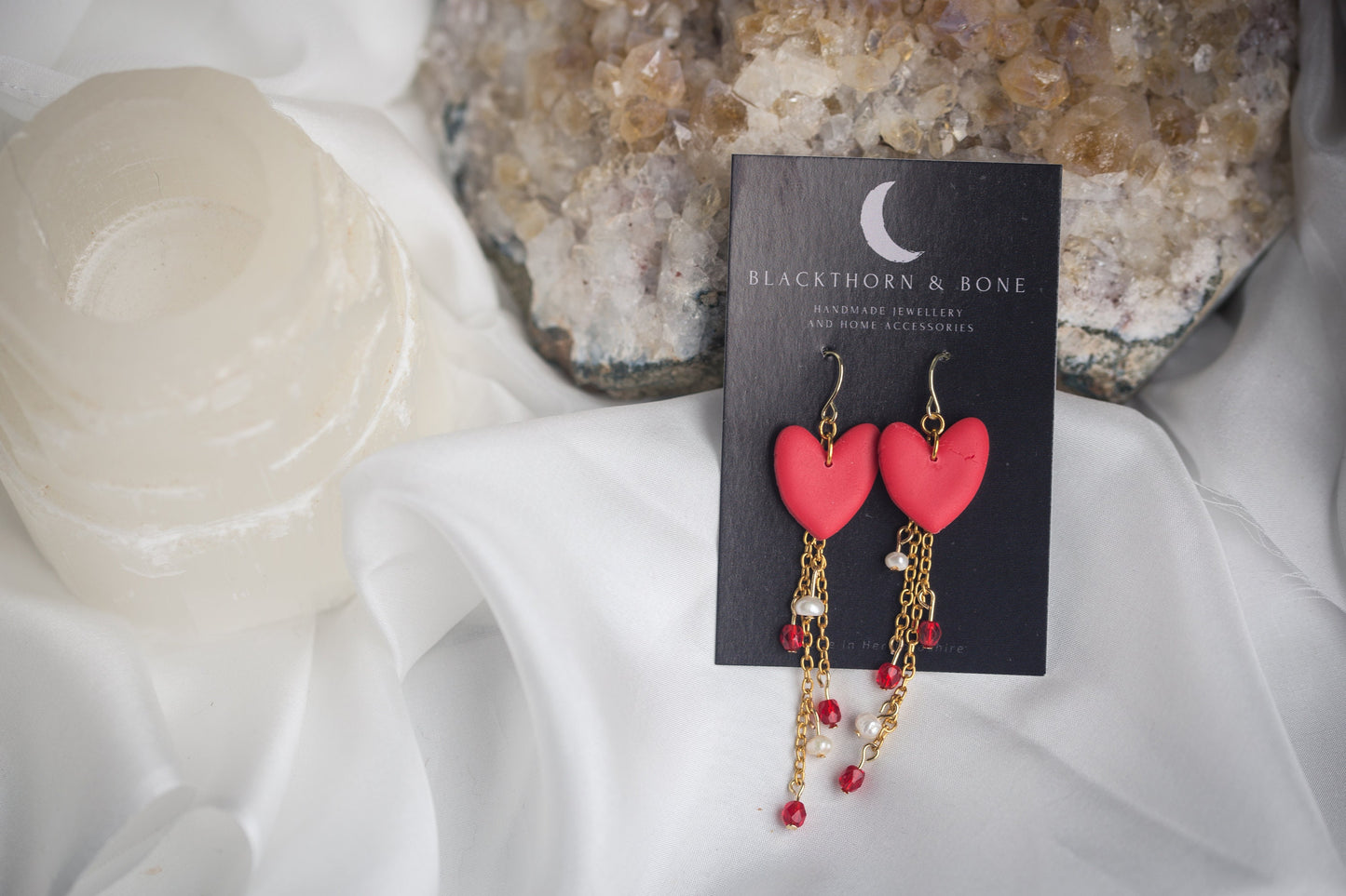 Clay Heart Earrings with Chain, Pearl and Crystal beads