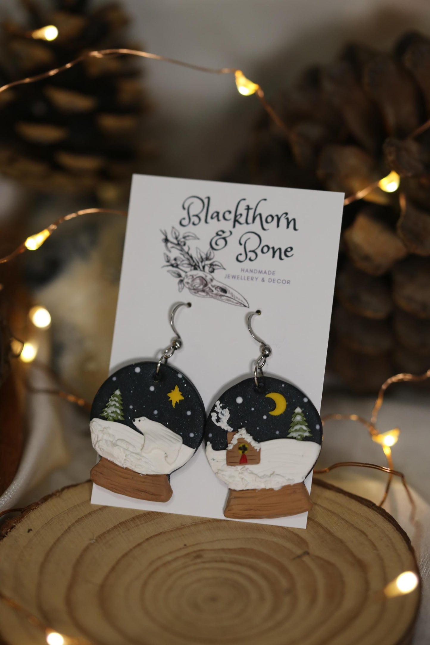 Snowglobe with Cabin and Polar Bear Earrings