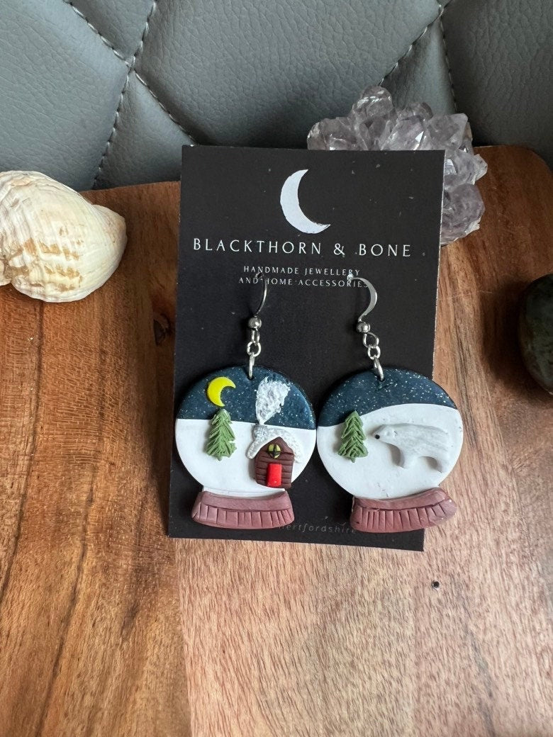Snowglobe with Cabin and Polar Bear Earrings