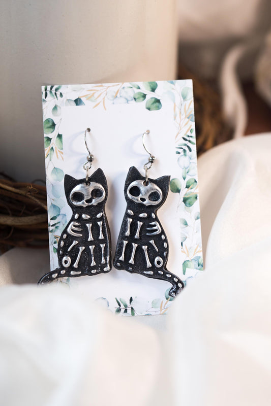 Black and Silver Skeleton Cat Earrings
