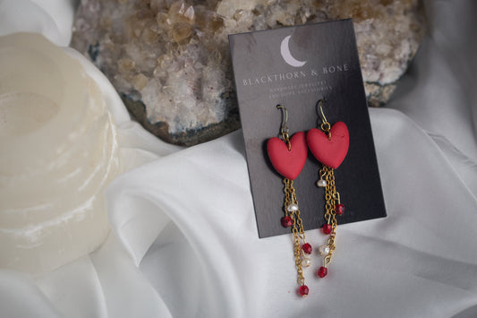 Clay Heart Earrings with Chain, Pearl and Crystal beads