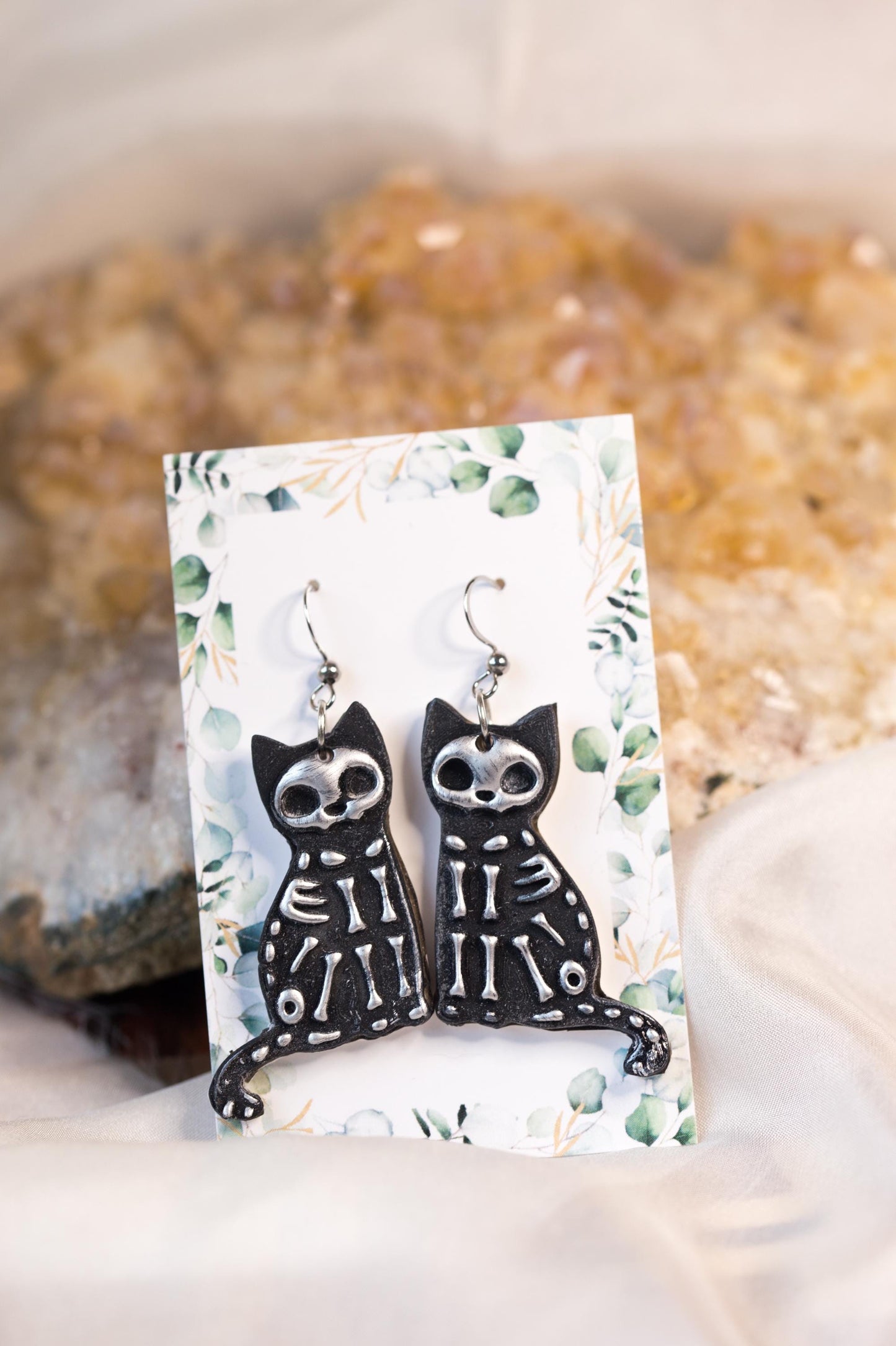 Black and Silver Skeleton Cat Earrings
