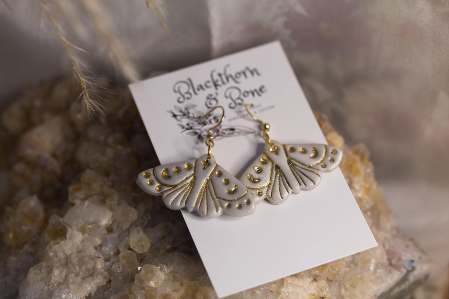 Pearlescent White Moth Embossed Statement Earrings