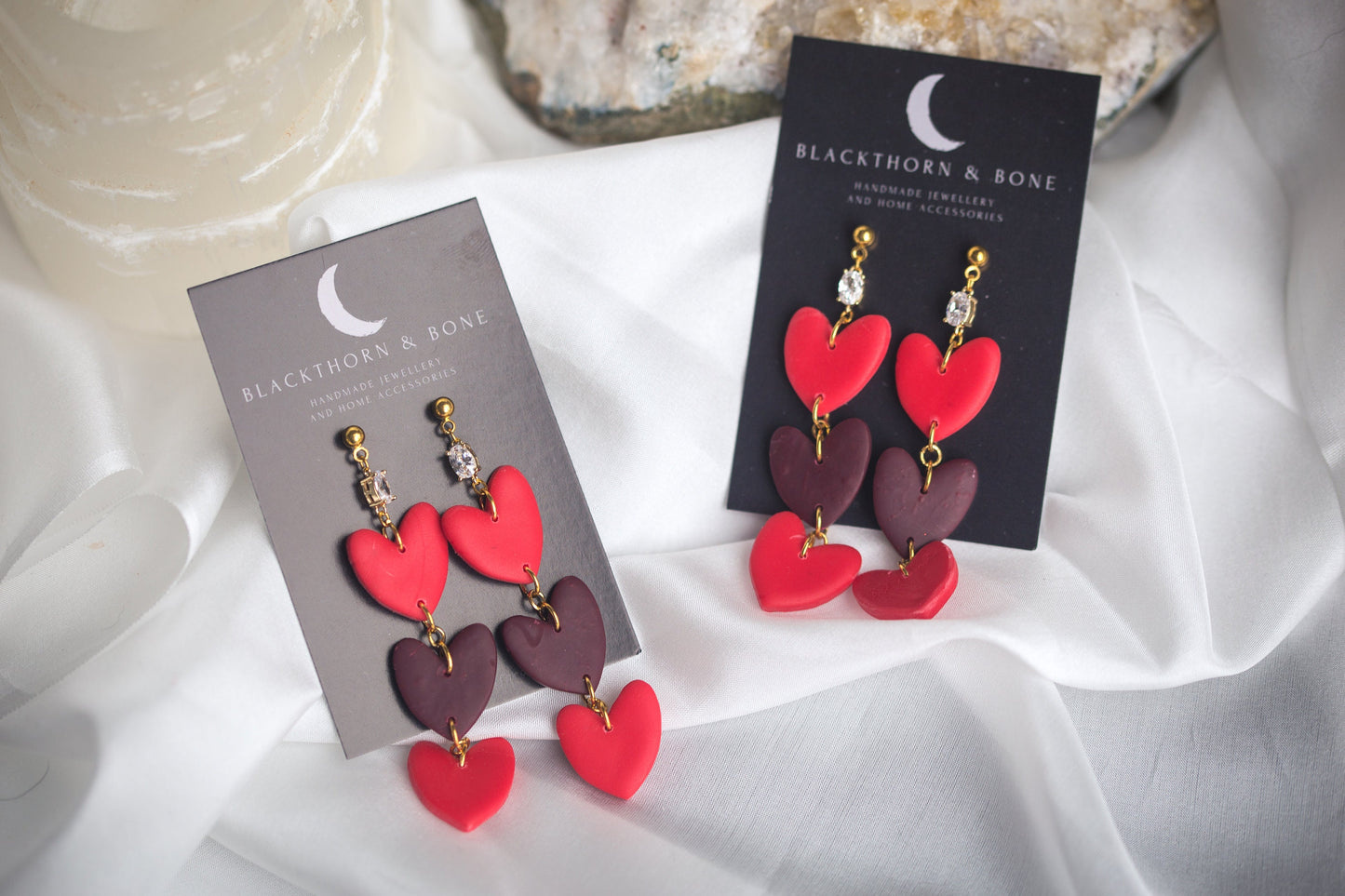 Statement Dangle Heart Earrings with Cubic Zirconia and Brass Studs