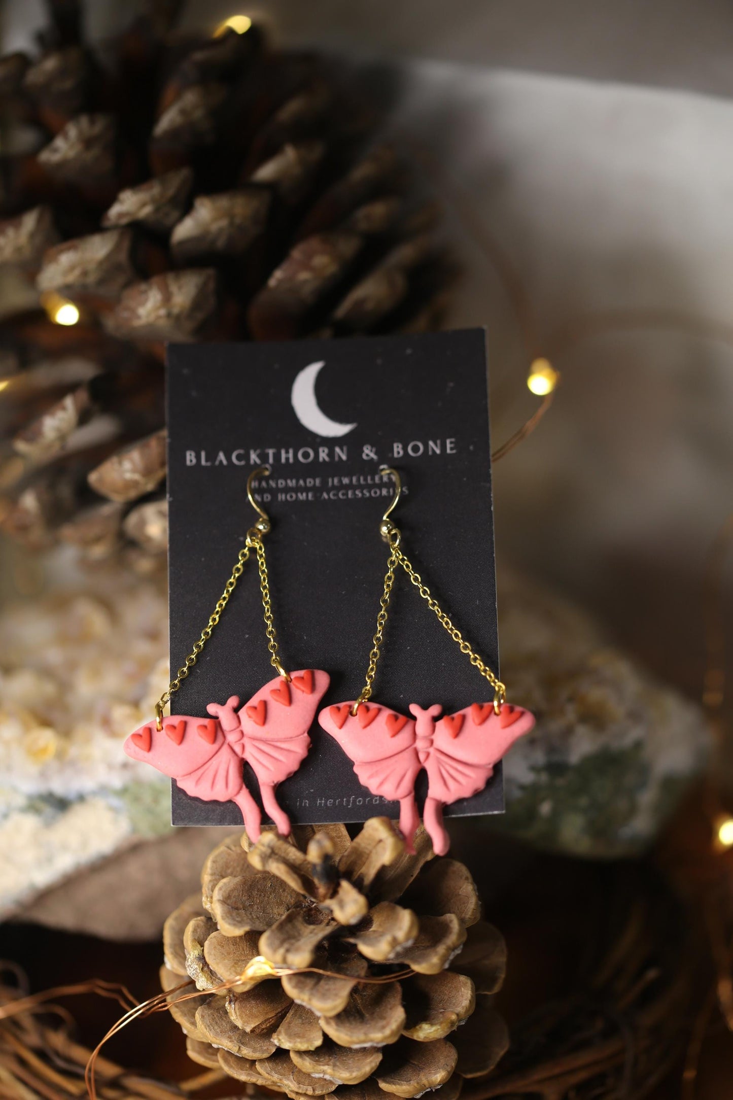 Pink Valentines Moth Earrings with Heart and Chain Details