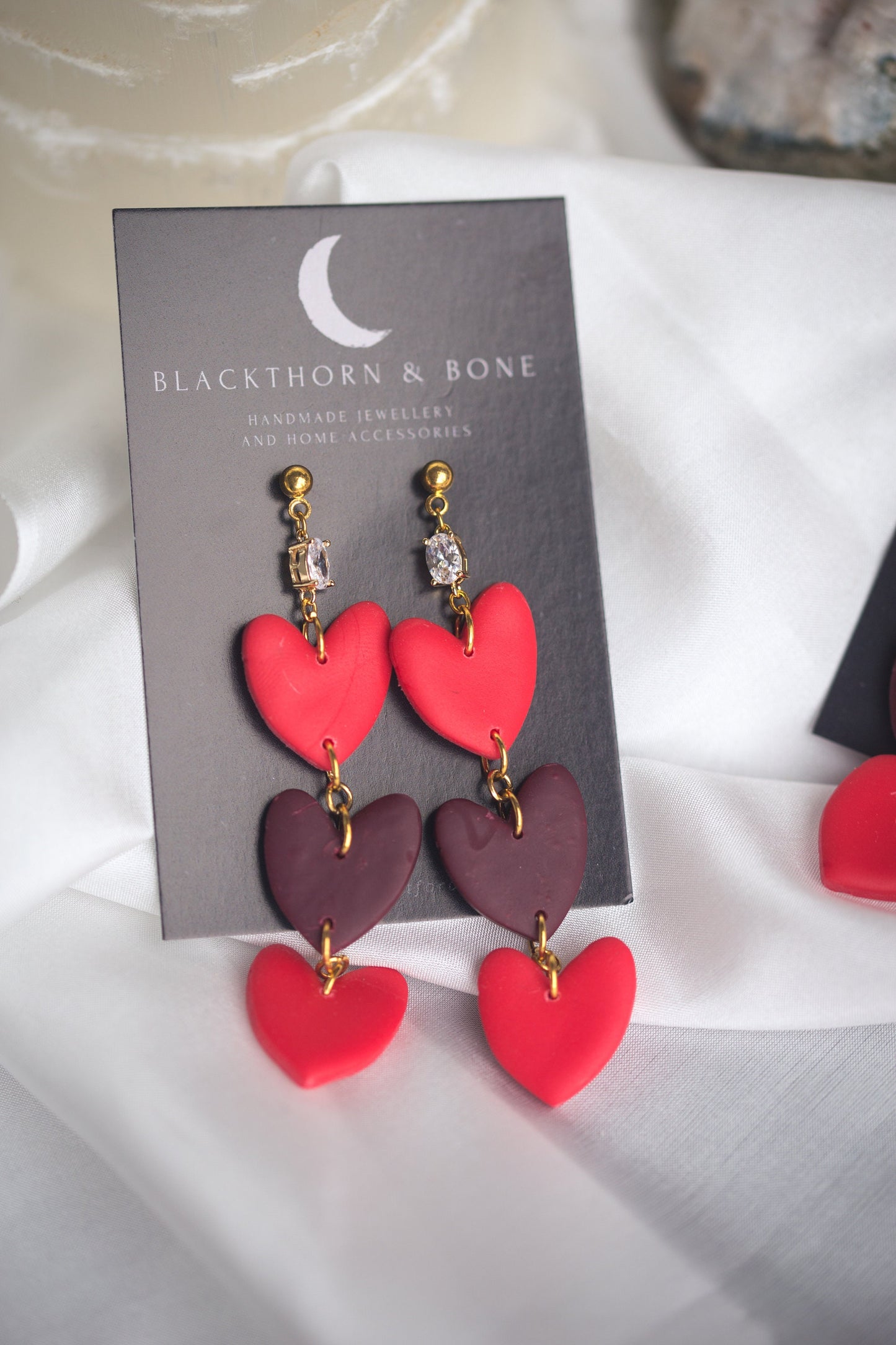 Statement Dangle Heart Earrings with Cubic Zirconia and Brass Studs