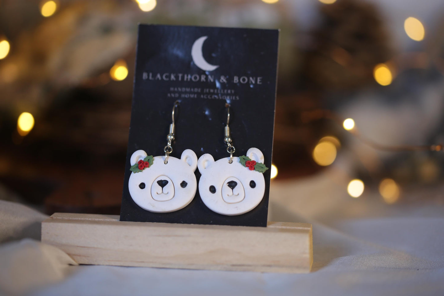 Holly berry and Leaf Polar Bear Earrings - Handmade Christmas Jewellery for Winter