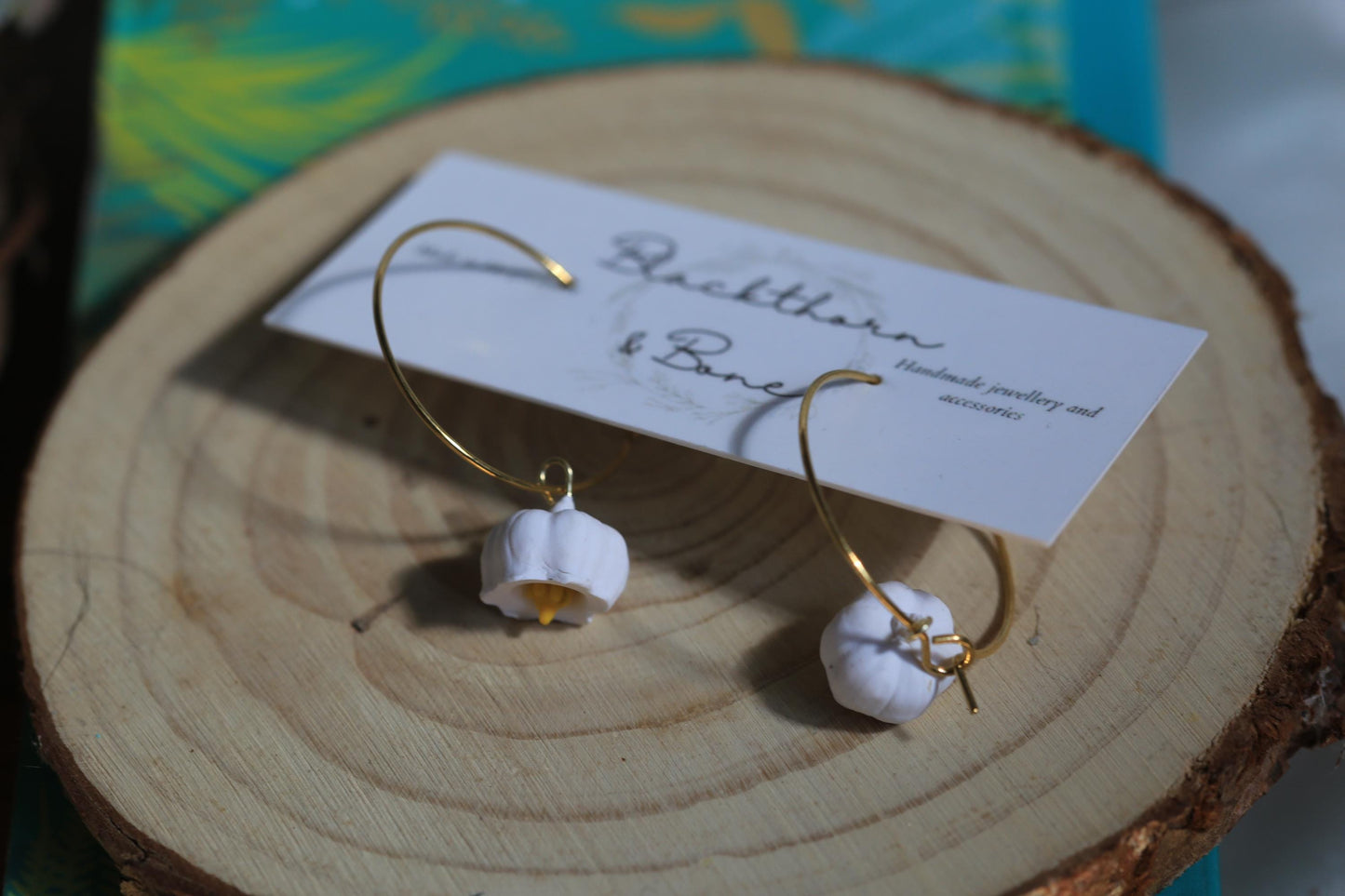 White Lily of the Valley Clay Hoop Earrings with Gold Steel Hoop