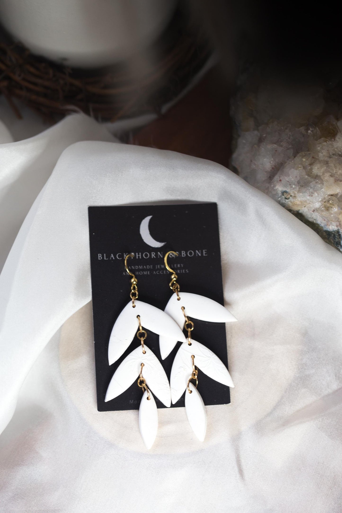 White Floral Texture Petal Shaped Earrings