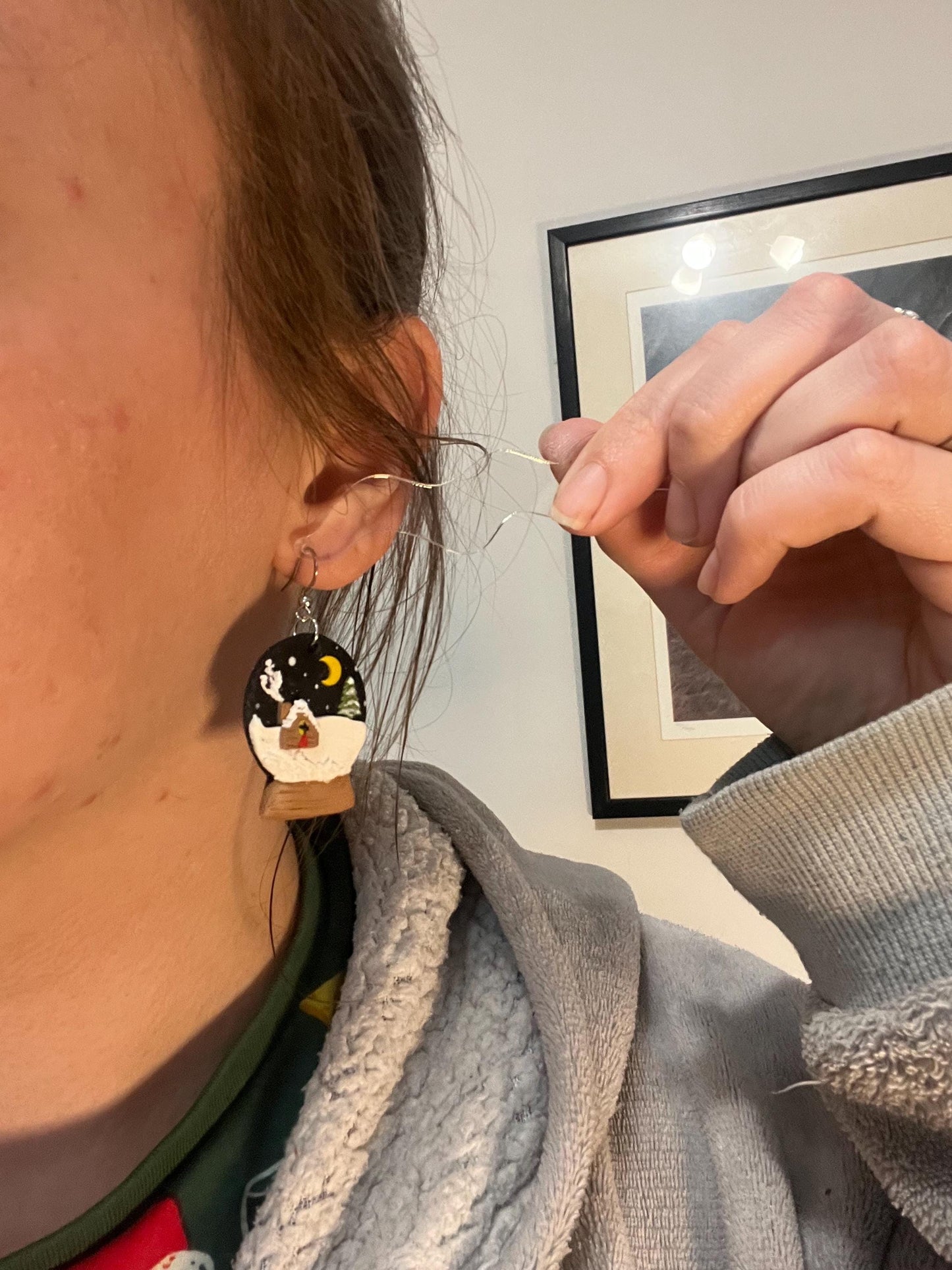 Snowglobe with Cabin and Polar Bear Earrings