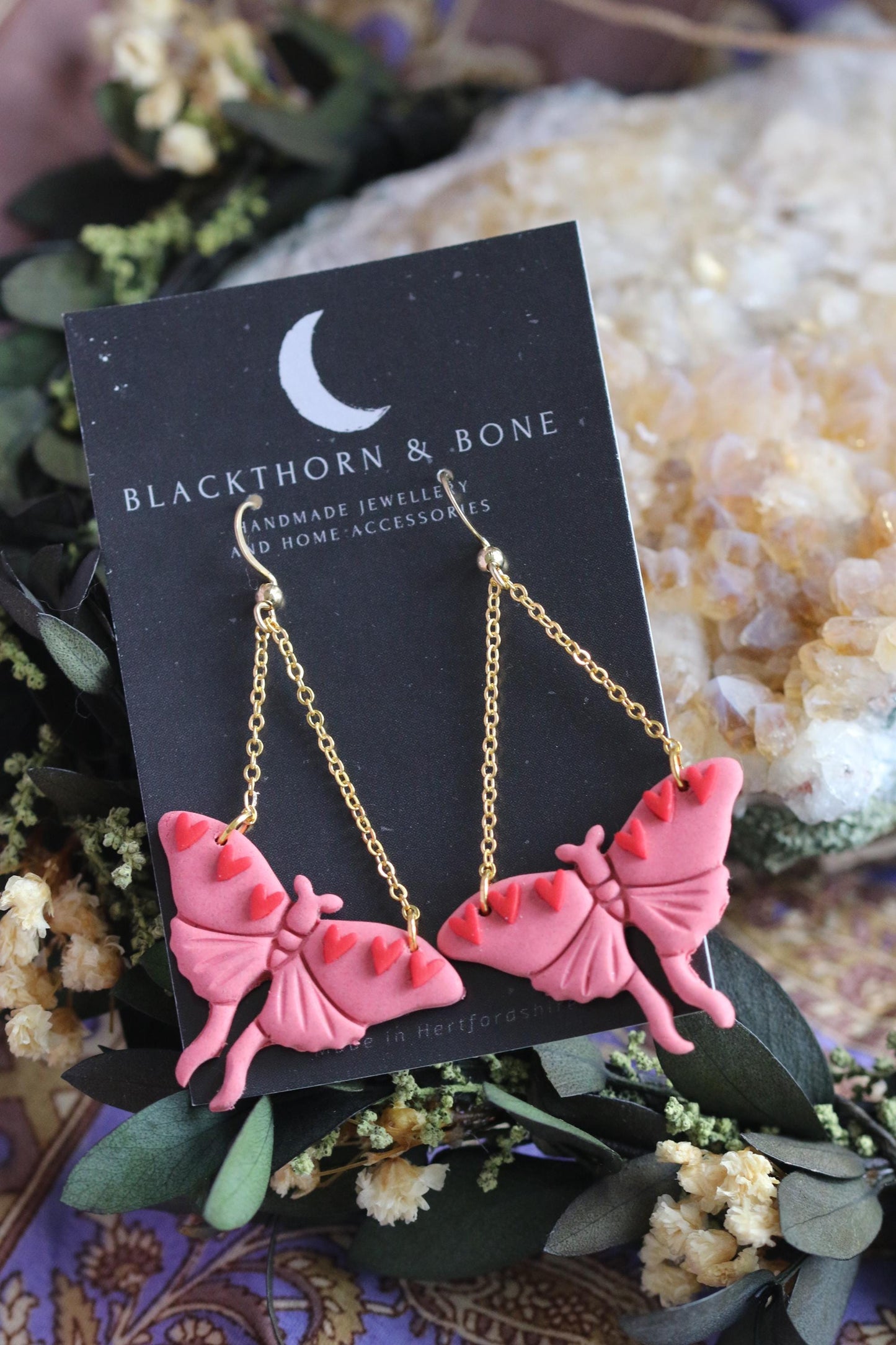 Pink Valentines Moth Earrings with Heart and Chain Details