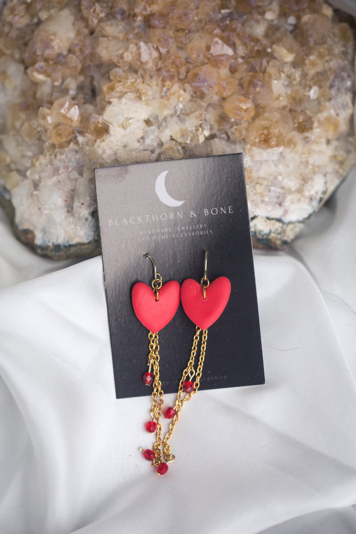 Clay Heart Earrings with Chain and Crystal beads