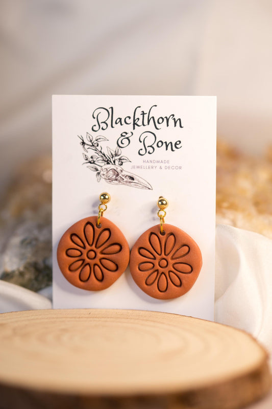 Simple Boho Terracotta Polymer Clay Earrings - Handmade Brown Earrings with Embossed Pattern