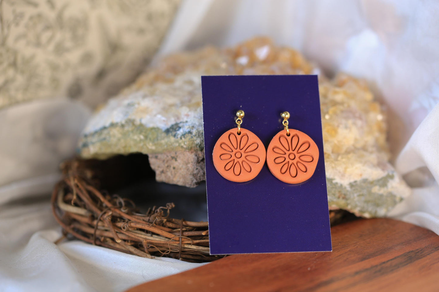 Simple Boho Terracotta Polymer Clay Earrings - Handmade Brown Earrings with Embossed Pattern