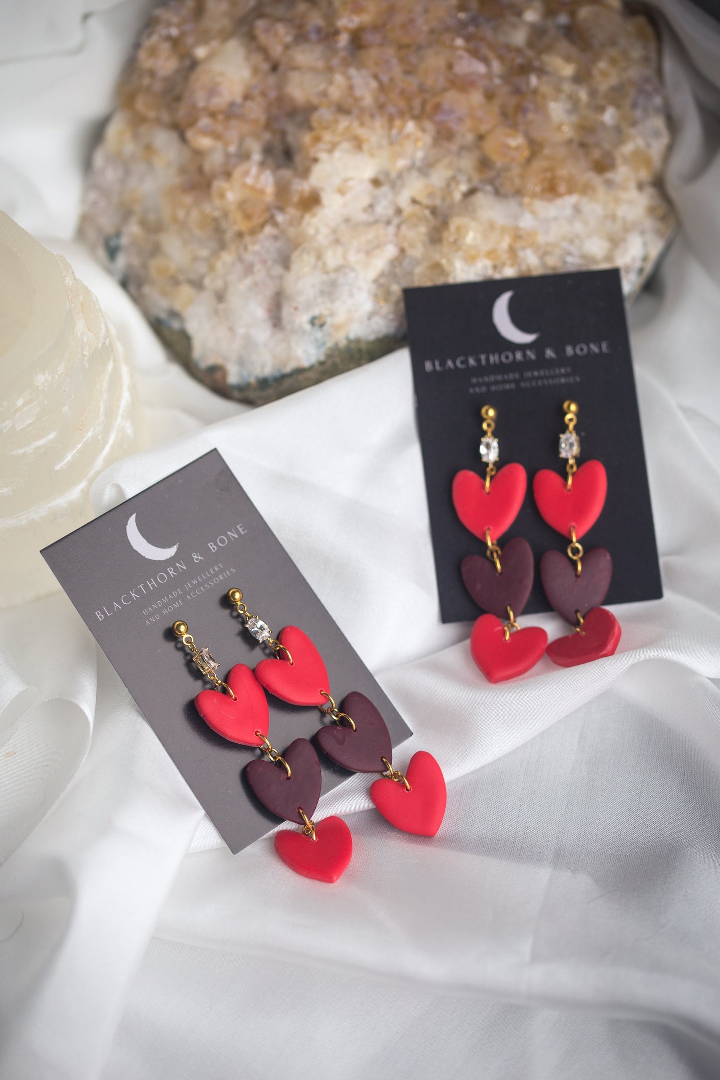 Statement Dangle Heart Earrings with Cubic Zirconia and Brass Studs