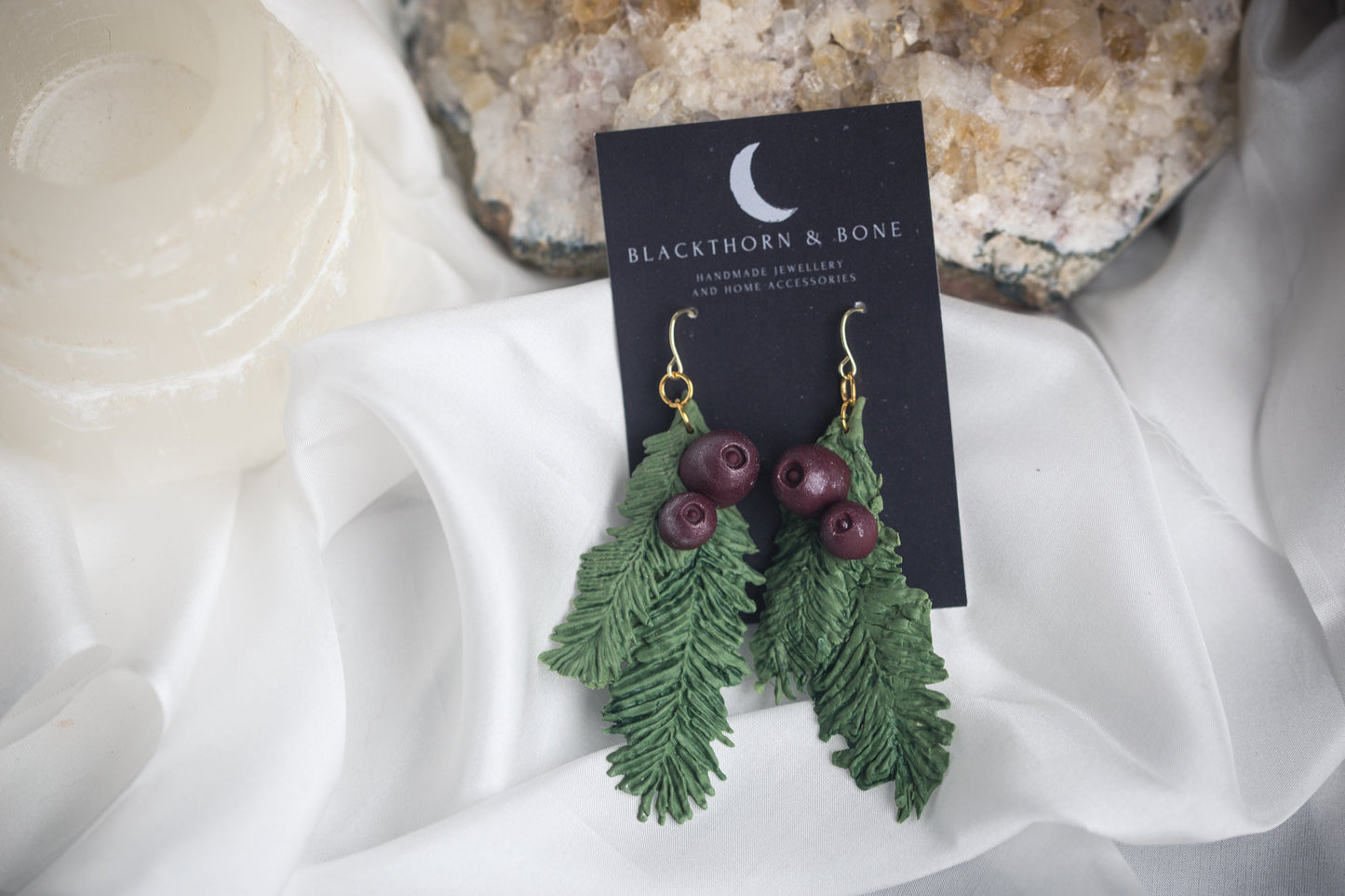 Realistic Yew Leaf and Berry Earrings