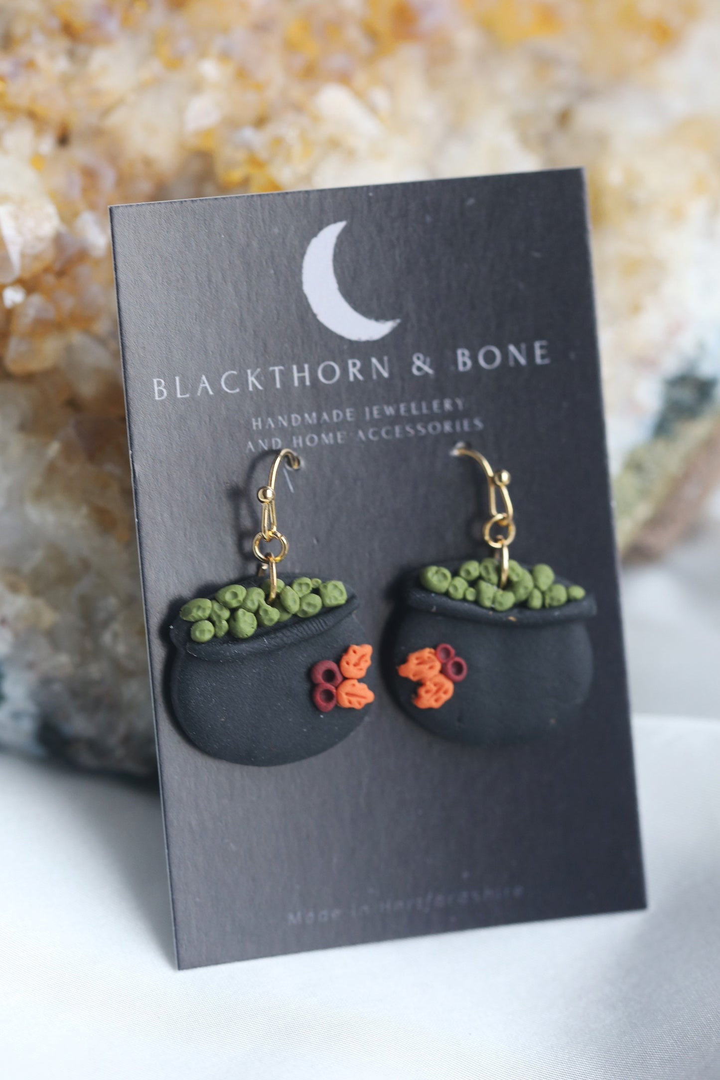 Handmade Witch Cauldron Earrings with Leaf and Berry Design